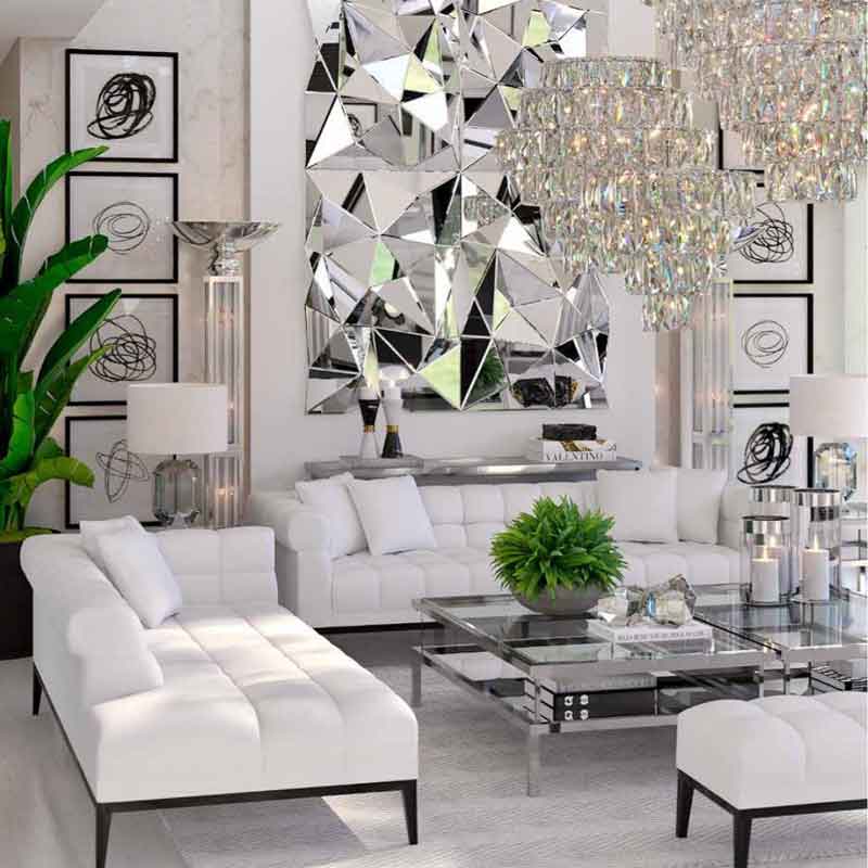wide comfy white sofas with black legs, extraordinary mirror, silver living set, luxury living set, asimenies leptomeries se diakosmitika ,