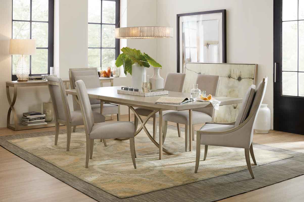 clean minimal modern design beige colors rectangular table with minimal design chairs wooden and grey fabric,