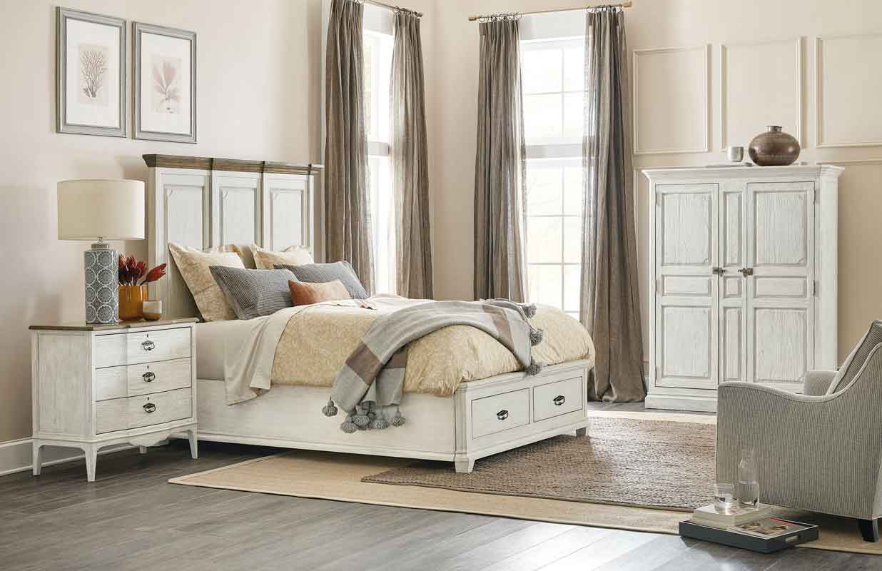 vintage design white wooden bed with space on its bottom, xilino aspro krevati me psili kefalaria kai xoro sto kato meros tou krevatiou,