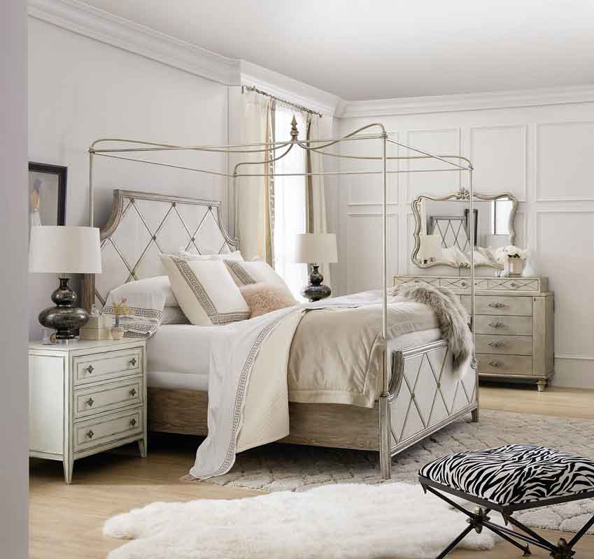 king size vintage style bed with modern details white and grey wooden design on its headboard, four poster bed, krevati me sklouveria gkrizo xilino me aspres leptomeries,