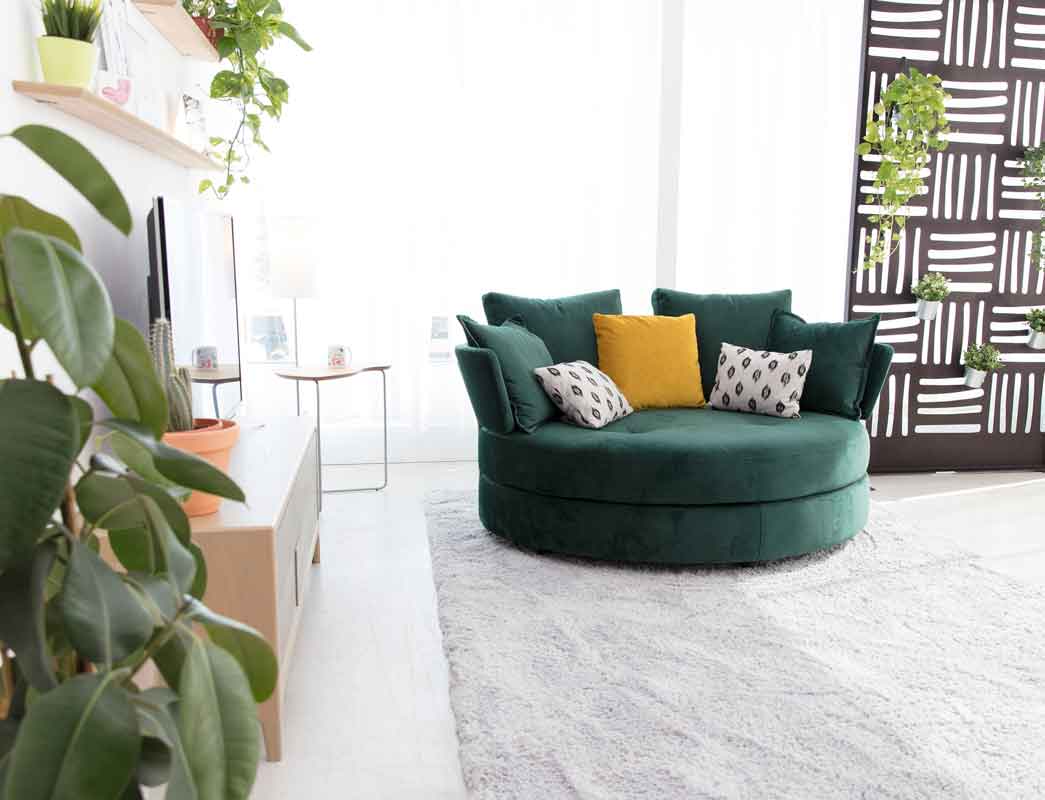 minimal green velvet turning armchair with no legs, comfy huge king size armchair for 2 people,