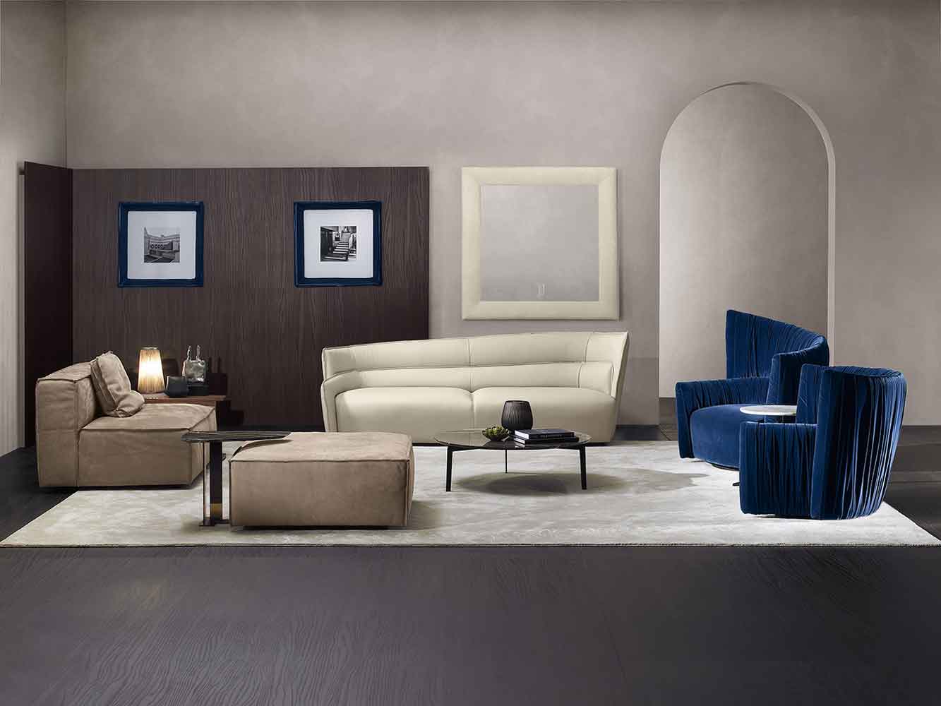 leather 3-seater sofa for living room, white leather sofa, blue velvet armchairs with horizontal lines, brown leather sofa with its own puff, mple veloudes polithrones, aspros dermatinos kanapes, kafe dermatinos kanames xoris podia, kanapes xoris podia, s