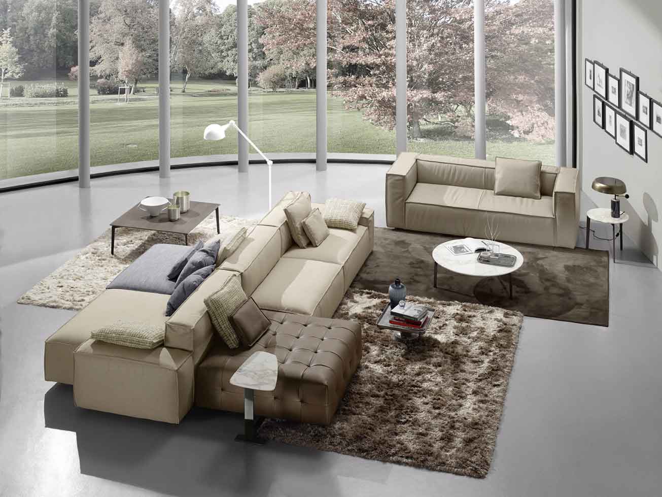 double side colorful leather sofa, brown beige blue sofa that can be adjustable to all textures and colors, beige leather sofa 3-seater, marble circular table, marble side table, marmarino kentriko trapezaki, 