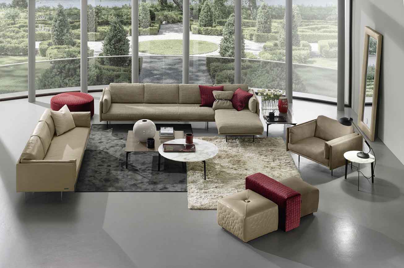 living set, fabric corner sofa with chaise long, 3-seater sofa with matching armchair beige fabric and leather, marble coffee table and side marble coffee table, carpet white fluffy, grey velvet rug, camel and burgundy puff,   